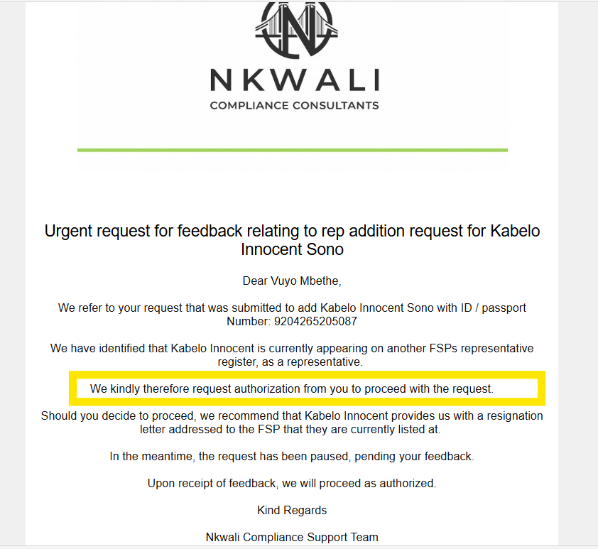 Screenshot 2 — Client authorisation email triggered