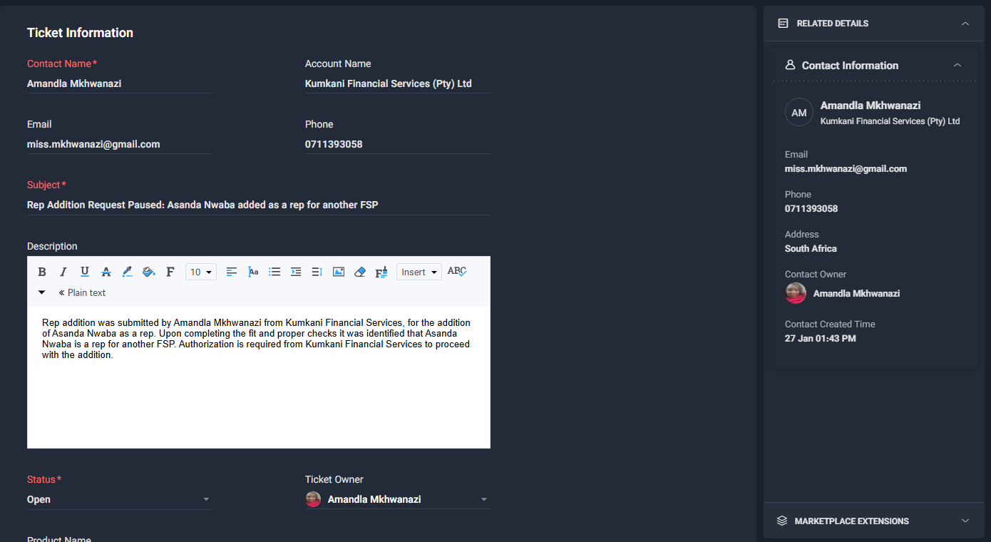 Screenshot 4 — Ticket status set to On Hold