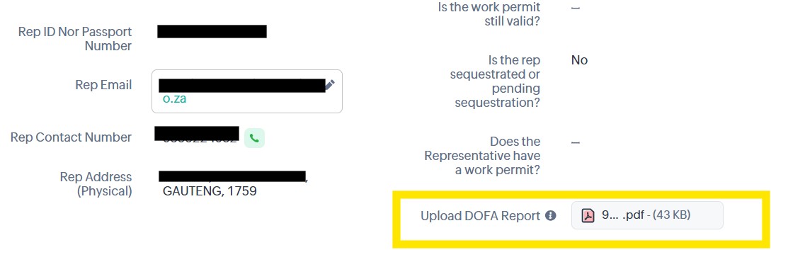 Screenshot — DOFA upload section in Zoho
