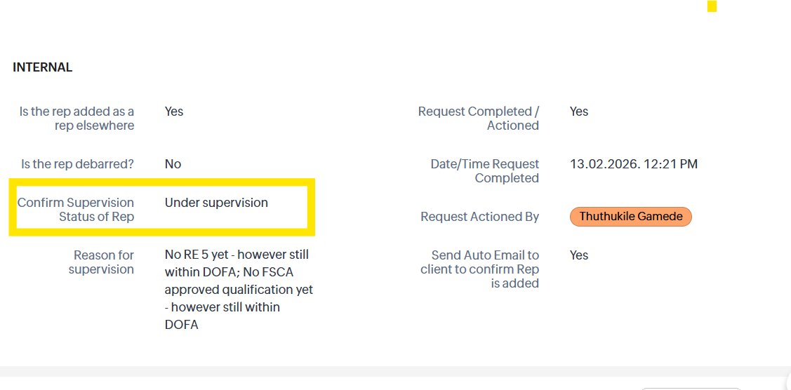 Screenshot 1 — Confirm supervision status of rep (internal field)