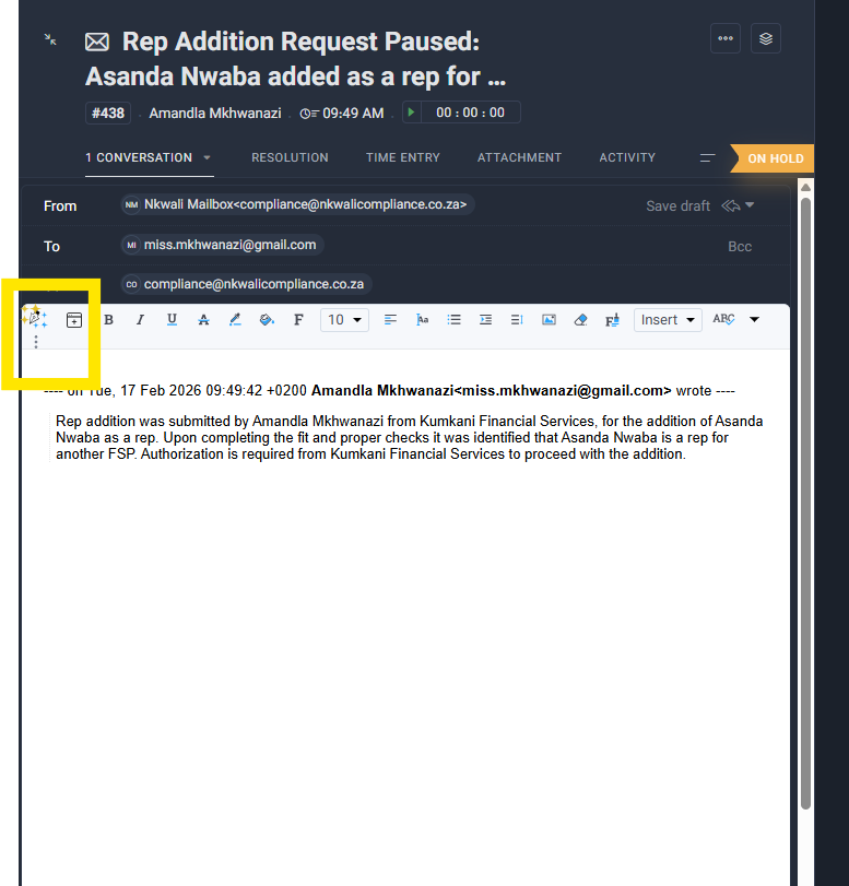 Screenshot 7 — Client response captured / ticket resolution actions