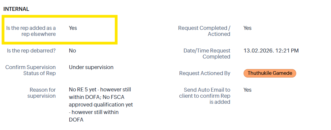 Screenshot 1 — Internal field: Rep added elsewhere = Yes